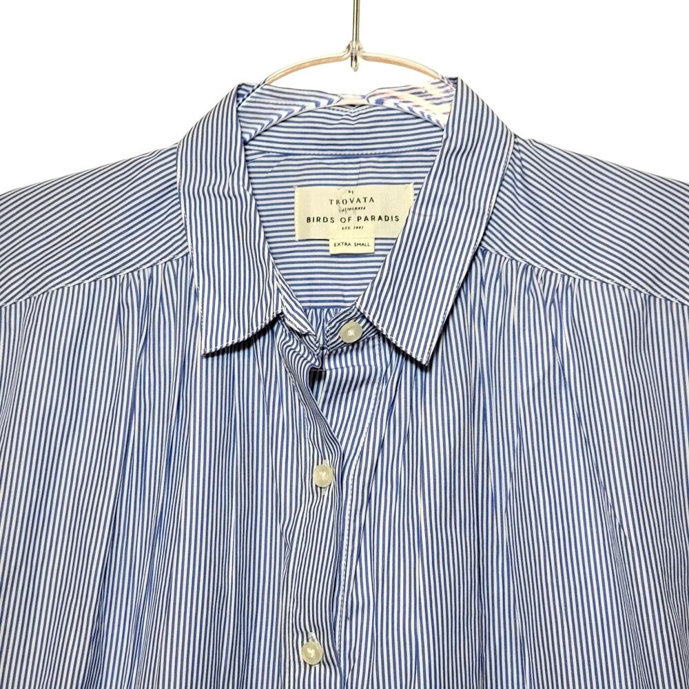 Travota Marianne NWT Birds of Paradise Button Ruffle Shirt Blue White Cotton XS - Picture 5 of 14